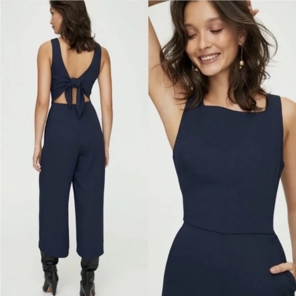 WILFRED Ecoulement Jumpsuit Wide Leg Square Neck Navy Blue 0 Aritzia - Picture 2 of 10